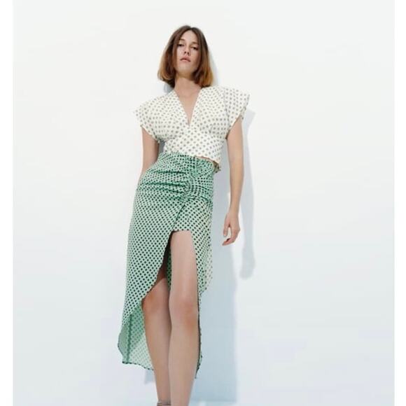 Zara Polka Dot Side Slit Linen Blend Midi Skirt - Picture 1 of 12